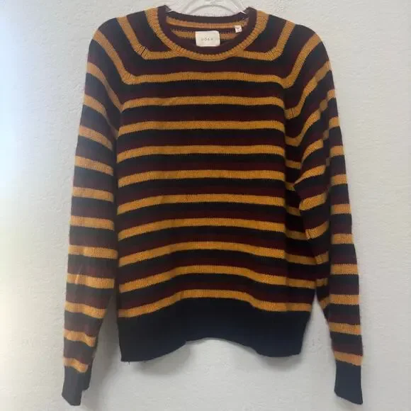 Doen Dana Striped Knit Crewneck Cashmere Sweater Gold Black Burgundy Size Large - Picture 2 of 6